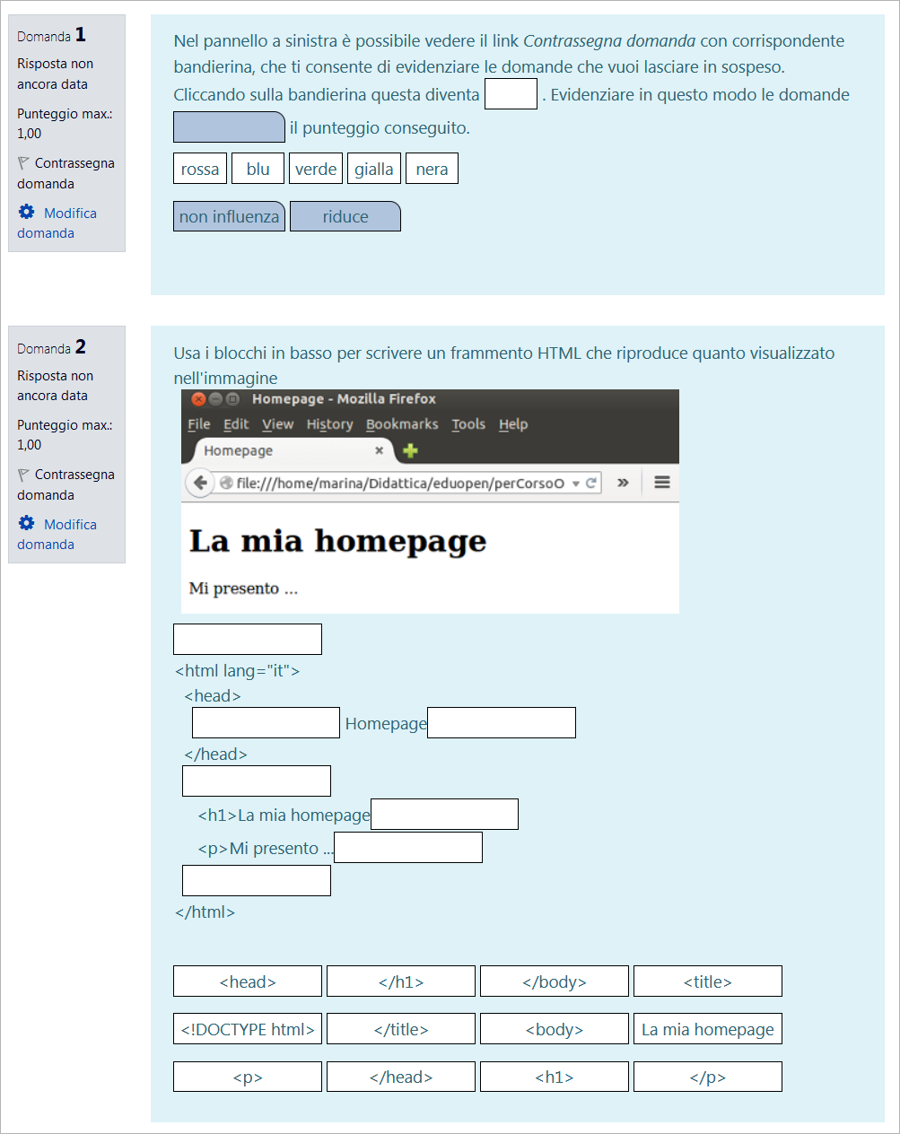 2 esempi di domanda del tipo Trascina e rilascia su un testo