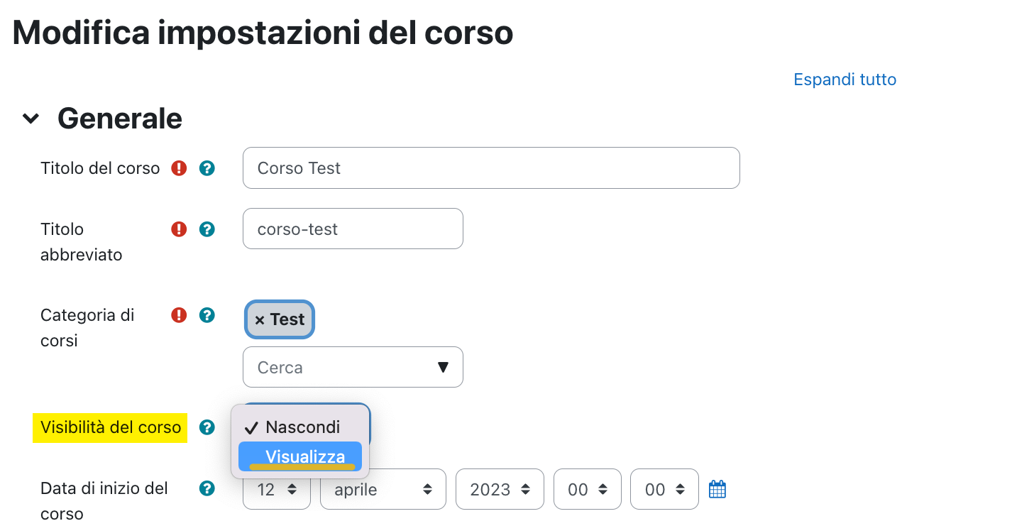 Immagine Modifica visibilità del corso